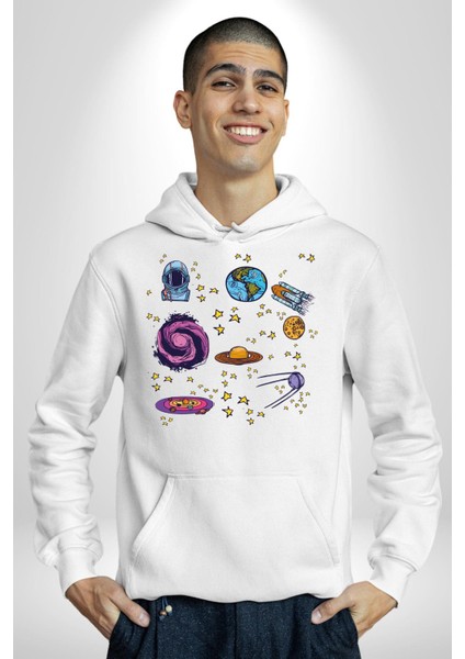 Uzay Evrensel Yıldızlar Gezegenler Kadın Erkek Baskılı Üç Iplik Beyaz Kapüşonlu Hodie Sweatshirt fiyatları
