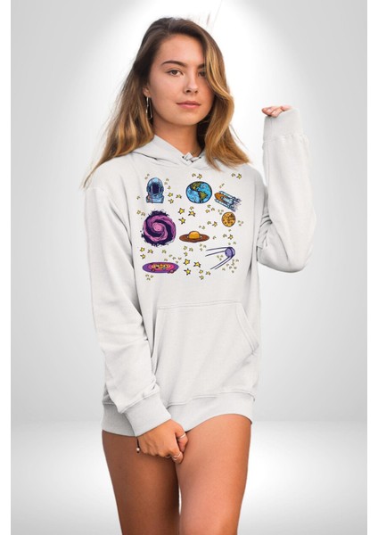 Uzay Evrensel Yıldızlar Gezegenler Kadın Erkek Baskılı Üç Iplik Beyaz Kapüşonlu Hodie Sweatshirt modelleri