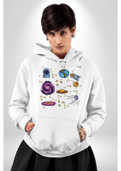 Uzay Evrensel Yıldızlar Gezegenler Kadın Erkek Baskılı Üç Iplik Beyaz Kapüşonlu Hodie Sweatshirt indirimleri