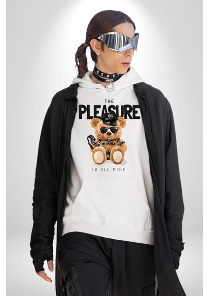 Polis Tatlı Oyuncak Ayı Kadın Erkek Baskılı Üç Iplik Beyaz Kapüşonlu Hodie Sweatshirt