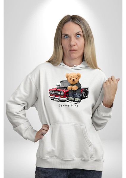 Sokak Kralı Havalı Araba Tatlı Ayı Kadın Erkek Baskılı Üç Iplik Beyaz Kapüşonlu Hodie Sweatshirt fiyatları