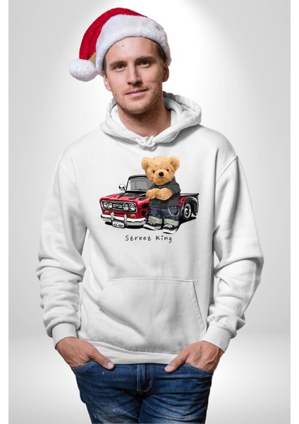 Sokak Kralı Havalı Araba Tatlı Ayı Kadın Erkek Baskılı Üç Iplik Beyaz Kapüşonlu Hodie Sweatshirt modelleri