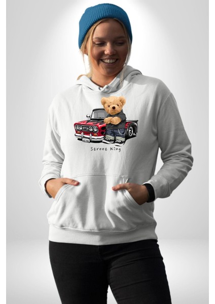 Sokak Kralı Havalı Araba Tatlı Ayı Kadın Erkek Baskılı Üç Iplik Beyaz Kapüşonlu Hodie Sweatshirt fırsatları