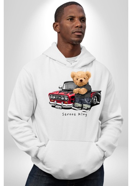 Sokak Kralı Havalı Araba Tatlı Ayı Kadın Erkek Baskılı Üç Iplik Beyaz Kapüşonlu Hodie Sweatshirt indirimleri