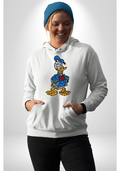 Donald Duck Efsane Kaligram Kadın Erkek Baskılı Üç Iplik Beyaz Kapüşonlu Hodie Sweatshirt