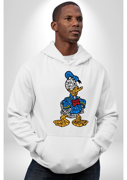 Donald Duck Efsane Kaligram Kadın Erkek Baskılı Üç Iplik Beyaz Kapüşonlu Hodie Sweatshirt