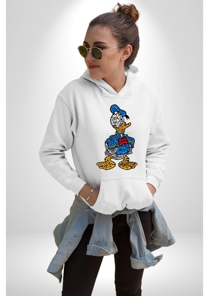Donald Duck Efsane Kaligram Kadın Erkek Baskılı Üç Iplik Beyaz Kapüşonlu Hodie Sweatshirt