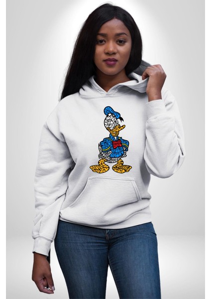 Donald Duck Efsane Kaligram Kadın Erkek Baskılı Üç Iplik Beyaz Kapüşonlu Hodie Sweatshirt