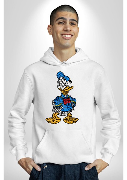 Donald Duck Efsane Kaligram Kadın Erkek Baskılı Üç Iplik Beyaz Kapüşonlu Hodie Sweatshirt