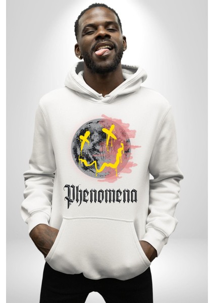 Gülen Grafiti Surat Kadın Erkek Baskılı Üç Iplik Beyaz Kapüşonlu Hodie Sweatshirt