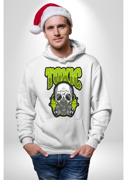 Toksik Maske Takan Iskelet Adam Kadın Erkek Baskılı Üç Iplik Beyaz Kapüşonlu Hodie Sweatshirt