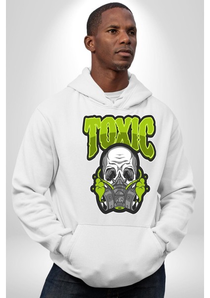 Toksik Maske Takan Iskelet Adam Kadın Erkek Baskılı Üç Iplik Beyaz Kapüşonlu Hodie Sweatshirt modelleri