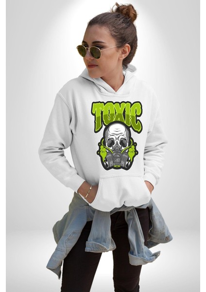 Toksik Maske Takan Iskelet Adam Kadın Erkek Baskılı Üç Iplik Beyaz Kapüşonlu Hodie Sweatshirt fırsatları