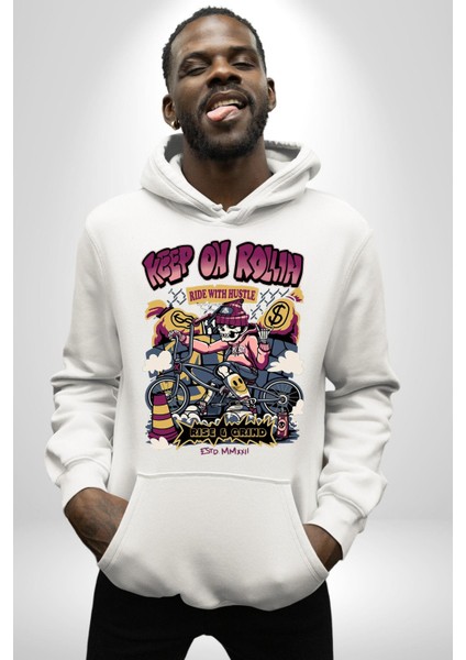 Yuvarlanmaya Devam Et Bisiklet Iskelet Kadın Erkek Baskılı Üç Iplik Beyaz Kapüşonlu Hodie Sweatshirt fiyatları