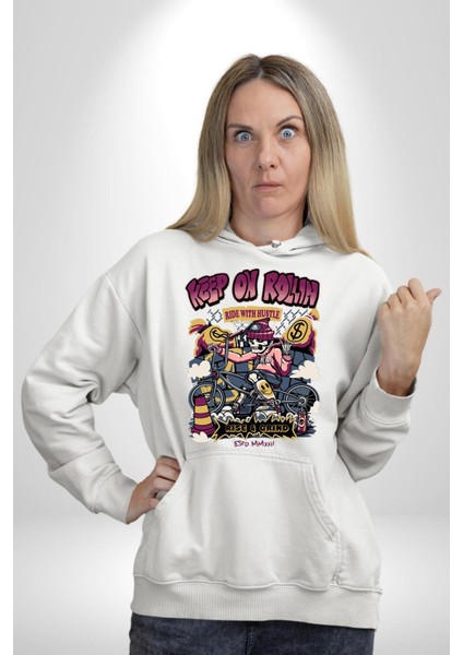 Yuvarlanmaya Devam Et Bisiklet Iskelet Kadın Erkek Baskılı Üç Iplik Beyaz Kapüşonlu Hodie Sweatshirt modelleri
