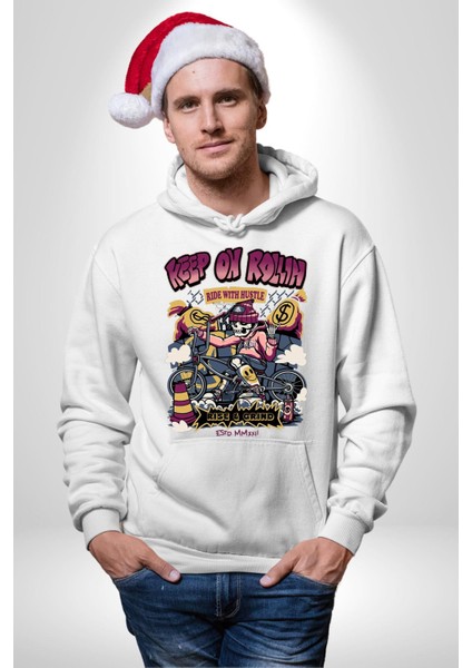 Yuvarlanmaya Devam Et Bisiklet Iskelet Kadın Erkek Baskılı Üç Iplik Beyaz Kapüşonlu Hodie Sweatshirt fırsatları