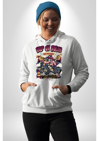 Yuvarlanmaya Devam Et Bisiklet Iskelet Kadın Erkek Baskılı Üç Iplik Beyaz Kapüşonlu Hodie Sweatshirt indirimleri