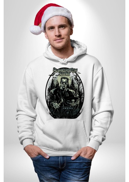 Frankenstein Rock Yıldızı Kadın Erkek Baskılı Üç Iplik Beyaz Kapüşonlu Hodie Sweatshirt