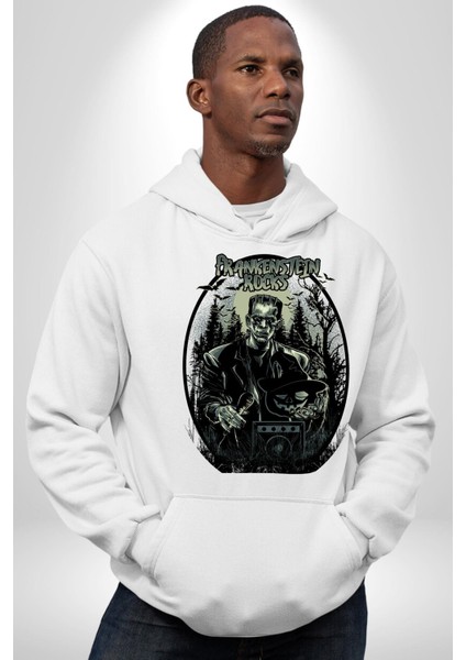 Frankenstein Rock Yıldızı Kadın Erkek Baskılı Üç Iplik Beyaz Kapüşonlu Hodie Sweatshirt modelleri