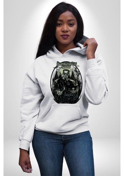Frankenstein Rock Yıldızı Kadın Erkek Baskılı Üç Iplik Beyaz Kapüşonlu Hodie Sweatshirt indirimleri