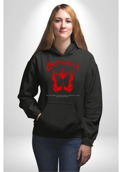 Kelebek Değişim Böyle Bir Şey Kadın Erkek Baskılı Üç Iplik Siyah Kapüşonlu Hodie Sweatshirt indirimleri