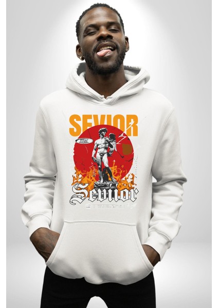 Kıdemli Yunan Tanrısı Antik Heykel Kadın Erkek Baskılı Üç Iplik Beyaz Kapüşonlu Hodie Sweatshirt