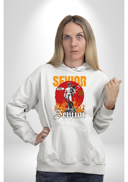 Kıdemli Yunan Tanrısı Antik Heykel Kadın Erkek Baskılı Üç Iplik Beyaz Kapüşonlu Hodie Sweatshirt