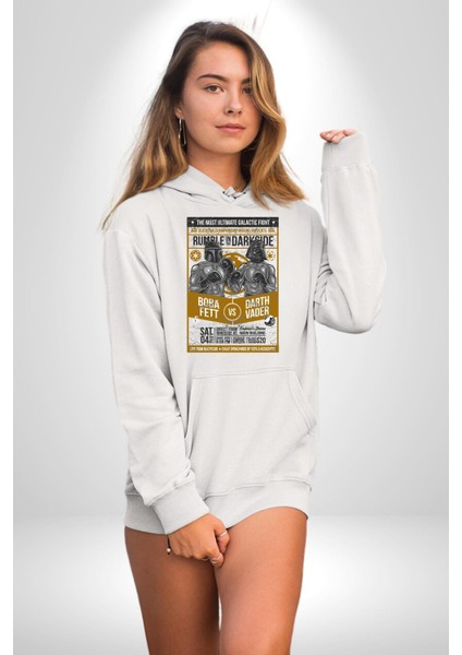 Boba Fett Darth Vader Boks Müsabakası Kadın Erkek Baskılı Üç Iplik Beyaz Kapüşonlu Hodie Sweatshirt
