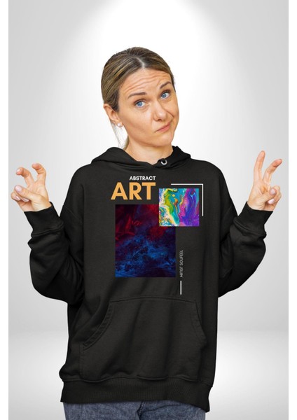 Modern Soyut Sanat Kadın Erkek Baskılı Üç Iplik Siyah Kapüşonlu Hodie Sweatshirt