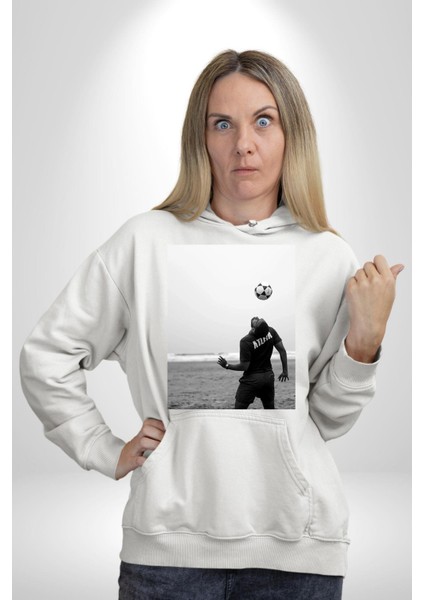 Brezilya Tarzı Futbol Futbolcu Kadın Erkek Baskılı Üç Iplik Beyaz Kapüşonlu Hodie Sweatshirt