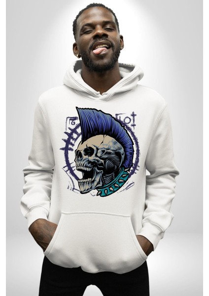 Kurukafa Çığlık Çivili Boyunluk Punk Kadın Erkek Baskılı Üç Iplik Beyaz Kapüşonlu Hodie Sweatshirt