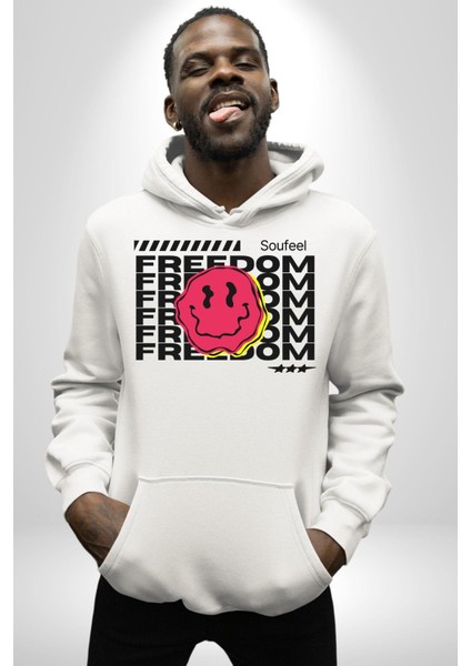 Özgürlük Gülen Surat Kadın Erkek Baskılı Üç Iplik Beyaz Kapüşonlu Hodie Sweatshirt