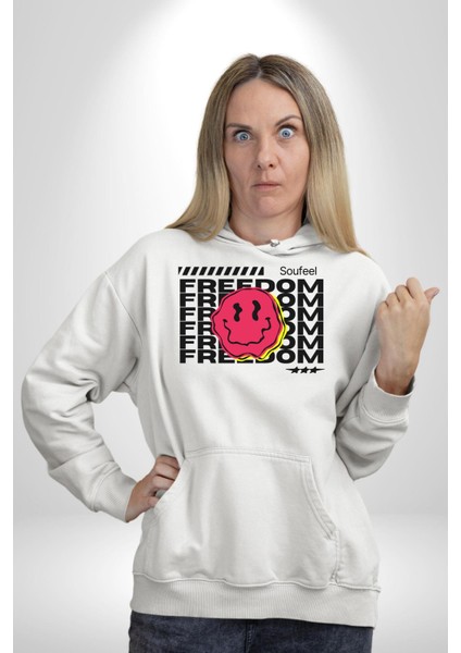 Özgürlük Gülen Surat Kadın Erkek Baskılı Üç Iplik Beyaz Kapüşonlu Hodie Sweatshirt fiyatları