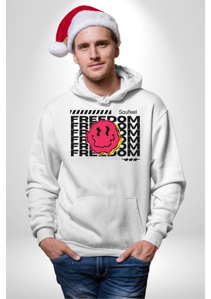 Özgürlük Gülen Surat Kadın Erkek Baskılı Üç Iplik Beyaz Kapüşonlu Hodie Sweatshirt modelleri