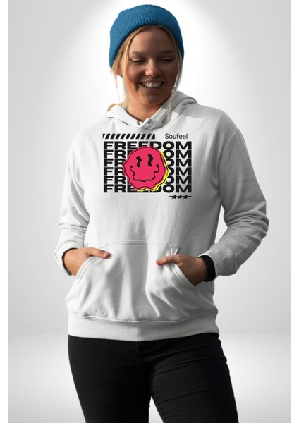 Özgürlük Gülen Surat Kadın Erkek Baskılı Üç Iplik Beyaz Kapüşonlu Hodie Sweatshirt fırsatları