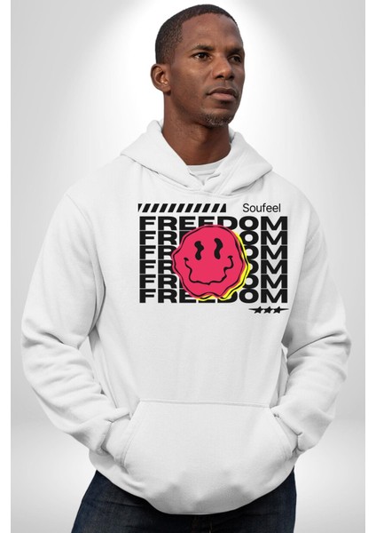 Özgürlük Gülen Surat Kadın Erkek Baskılı Üç Iplik Beyaz Kapüşonlu Hodie Sweatshirt indirimleri