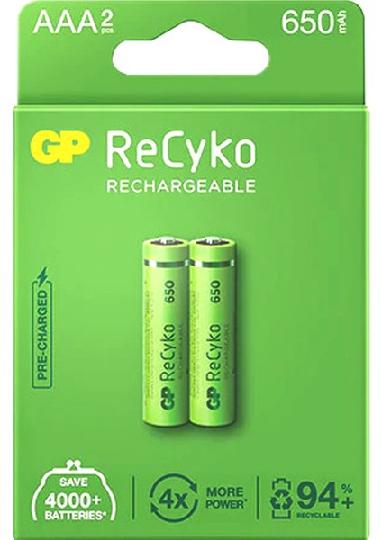 Gp Recyko 650 Mah R03 Aaa Şarjlı 2li Ince Kalem Pil GP65AAAHCE-2EB2 (GPRHCH63E00 - ARS3268-8337
