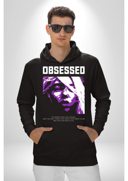 Takıntılı Havalı Kadın Kadın Erkek Baskılı Üç Iplik Siyah Kapüşonlu Hodie Sweatshirt