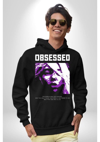 Takıntılı Havalı Kadın Kadın Erkek Baskılı Üç Iplik Siyah Kapüşonlu Hodie Sweatshirt fiyatları