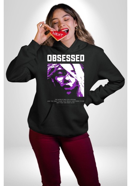 Takıntılı Havalı Kadın Kadın Erkek Baskılı Üç Iplik Siyah Kapüşonlu Hodie Sweatshirt modelleri