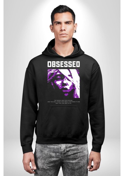 Takıntılı Havalı Kadın Kadın Erkek Baskılı Üç Iplik Siyah Kapüşonlu Hodie Sweatshirt indirimleri