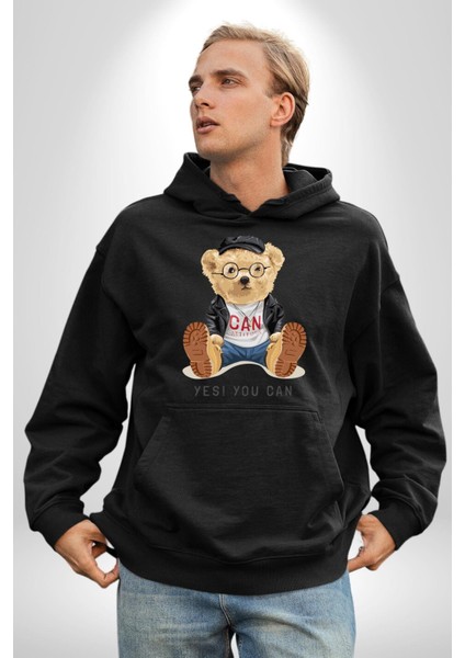 Evet Yapabilirsin Oyuncak Ayı Kadın Erkek Baskılı Üç Iplik Siyah Kapüşonlu Hodie Sweatshirt