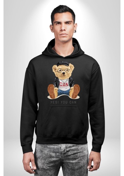 Evet Yapabilirsin Oyuncak Ayı Kadın Erkek Baskılı Üç Iplik Siyah Kapüşonlu Hodie Sweatshirt fiyatları