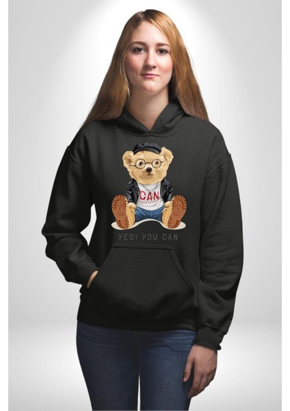 Evet Yapabilirsin Oyuncak Ayı Kadın Erkek Baskılı Üç Iplik Siyah Kapüşonlu Hodie Sweatshirt modelleri