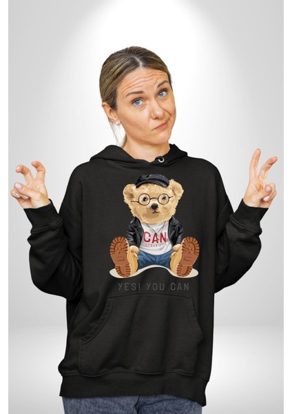 Evet Yapabilirsin Oyuncak Ayı Kadın Erkek Baskılı Üç Iplik Siyah Kapüşonlu Hodie Sweatshirt indirimleri