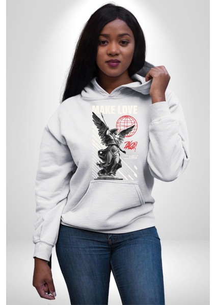 Herkesi Seviyorum Herkese Güveniyorum Kadın Erkek Baskılı Üç Iplik Beyaz Kapüşonlu Hodie Sweatshirt modelleri