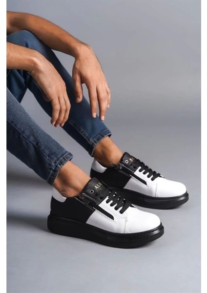 SLW155 Warrior Bağcıklı ve Fermuarlı Cilt Erkek Günlük Sneaker Ayakkabı St Siyah/beyaz