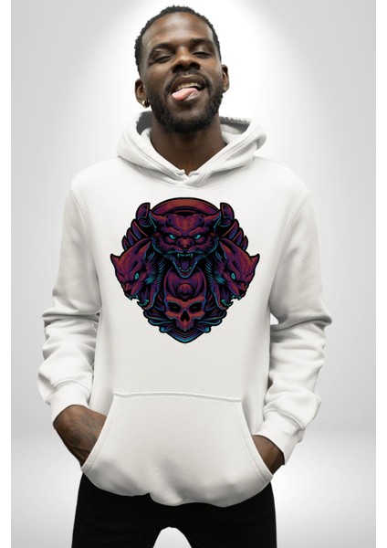 Kurukafa Kediler Kaplanlar Familyası Kadın Erkek Baskılı Üç Iplik Beyaz Kapüşonlu Hodie Sweatshirt