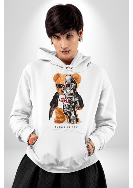 Terminatör Oyuncak Ayı Kadın Erkek Baskılı Üç Iplik Beyaz Kapüşonlu Hodie Sweatshirt fiyatları
