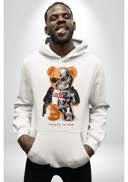 Terminatör Oyuncak Ayı Kadın Erkek Baskılı Üç Iplik Beyaz Kapüşonlu Hodie Sweatshirt modelleri